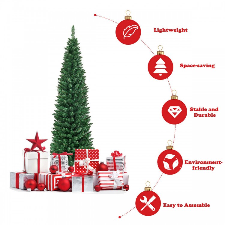 Slim 5' PVC artificial pencil Christmas tree with dense needles, ideal for small spaces and easy to assemble.