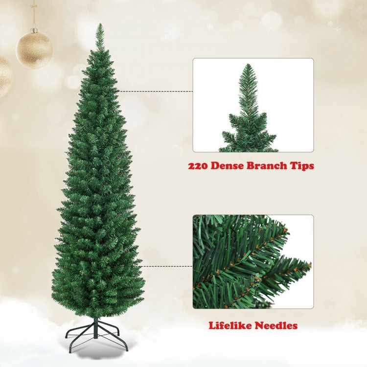 Slim 5' PVC artificial Christmas tree with 220 dense branch tips and sturdy iron base, perfect for small spaces.