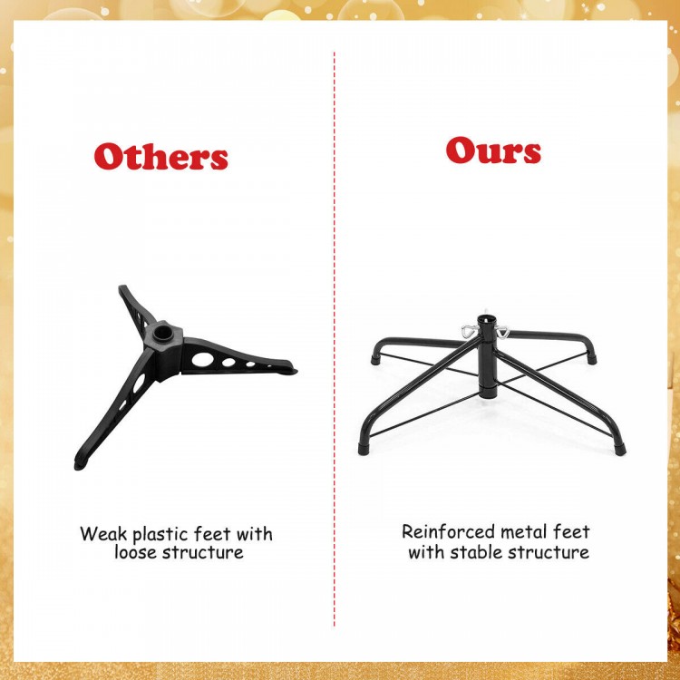 Comparison of tree bases: reinforced metal feet for stability vs. weak plastic feet for support in the PVC Artificial.