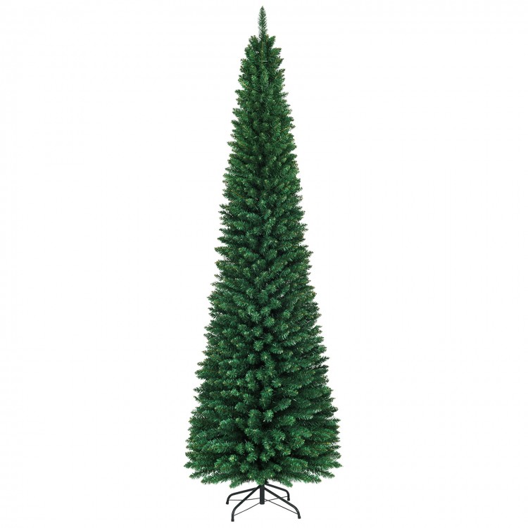 Slim pencil design 9' PVC artificial Christmas tree with green color and sturdy metal base, ideal for small spaces.