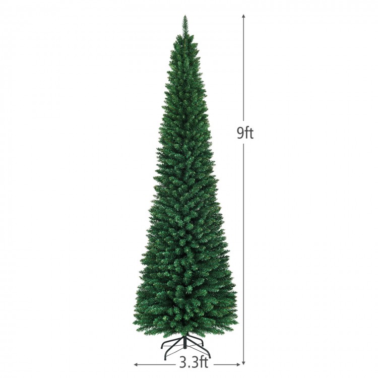 9ft PVC artificial slim pencil Christmas tree with a sturdy iron base, ideal for small spaces and holiday decoration.