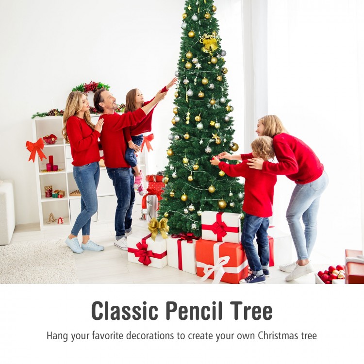 Slim pencil design PVC artificial Christmas tree, perfect for small spaces, adorned with decorations for festive cheer.