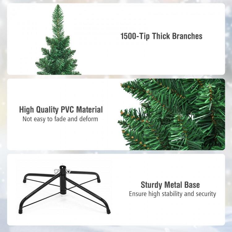 Slim pencil design PVC artificial Christmas tree with 1500 thick branches and sturdy metal base for stability.