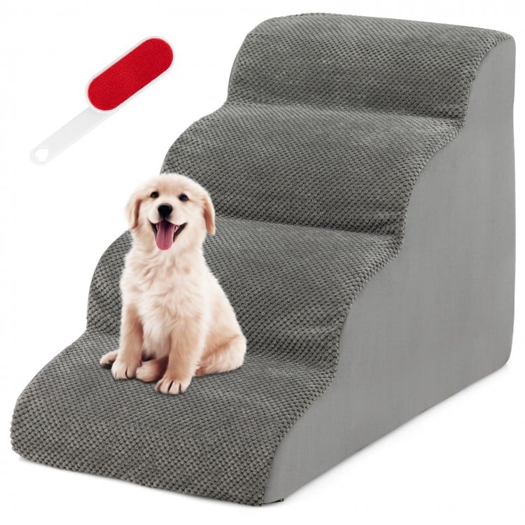 Gray 4-tier foam dog steps with non-slip surface, ideal for pets with mobility issues to access furniture easily.