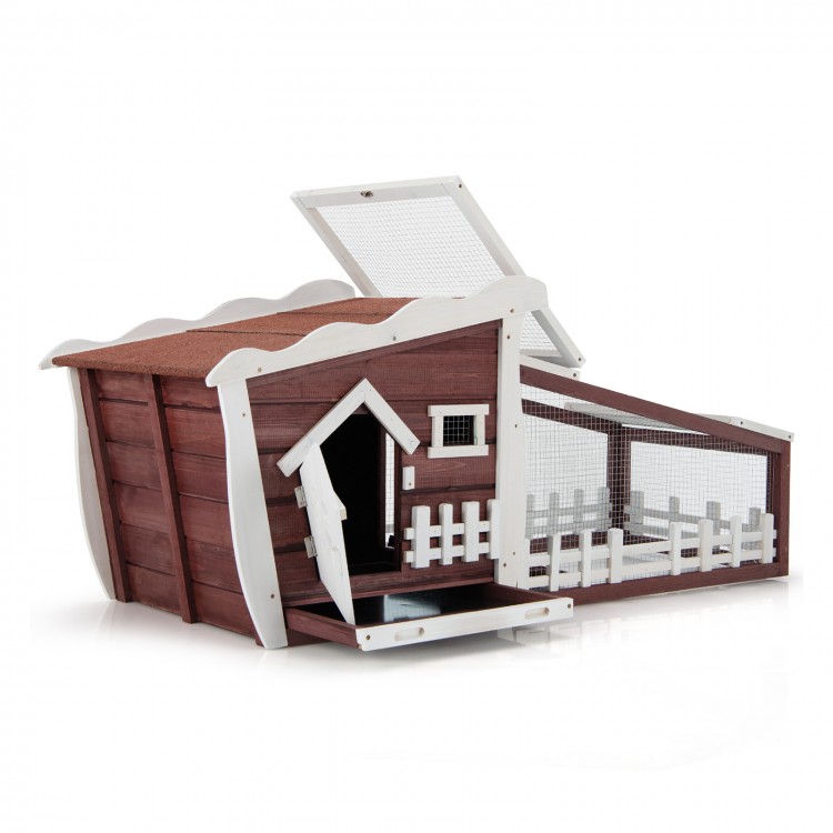 Wooden rabbit hutch with pull-out tray, featuring a cozy resting area and secure running space for 1-2 rabbits.
