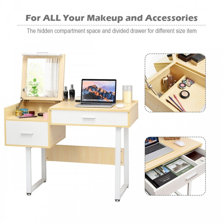 Makeup table with flip top mirror, featuring two drawers and dividers for cosmetics, ideal for bedroom or study room.