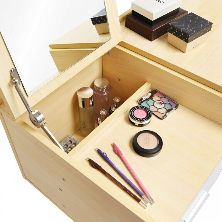 Makeup table with flip top mirror, featuring two drawers and organizers for cosmetics, ideal for bedroom or study room.