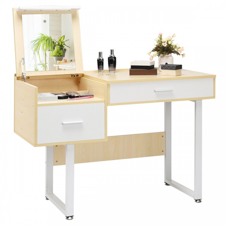 Makeup table writing desk with flip top mirror and two compartment drawers, perfect for organizing cosmetics in any.