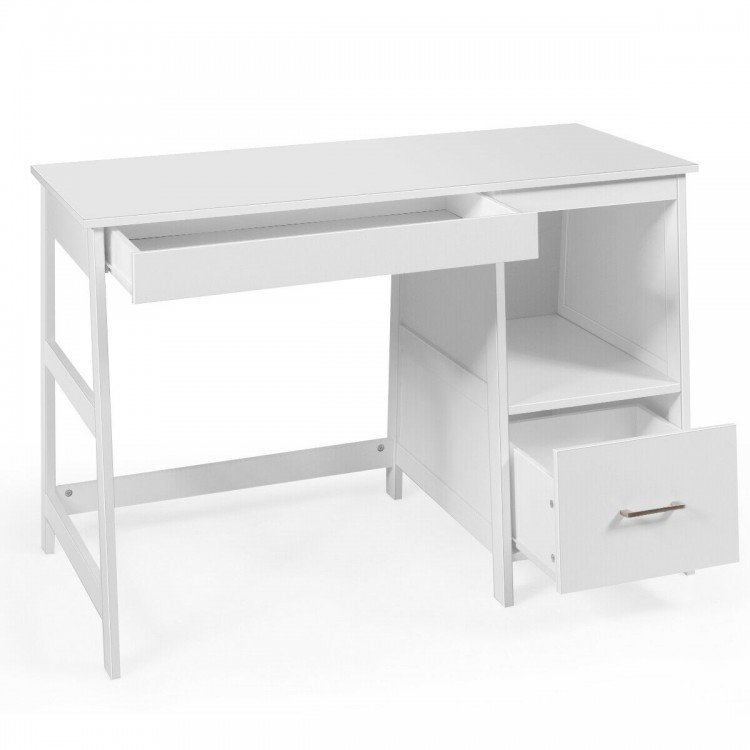 White modern computer desk showcasing a side view with open drawers, featuring ample storage for home or office.