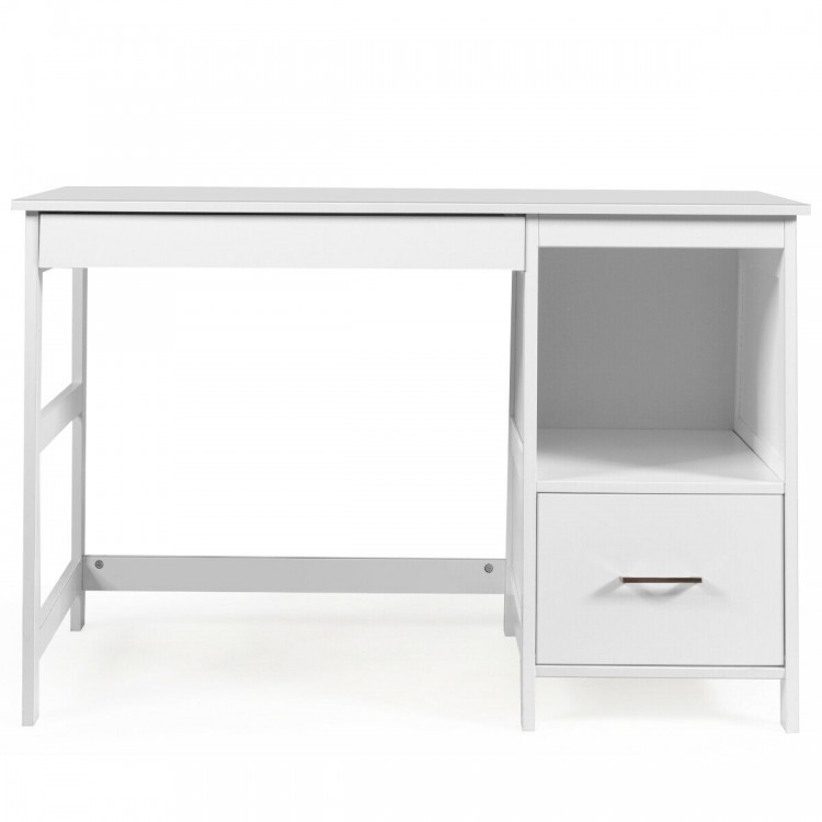 Modern white computer desk with two storage drawers and shelf, perfect for home or office use.