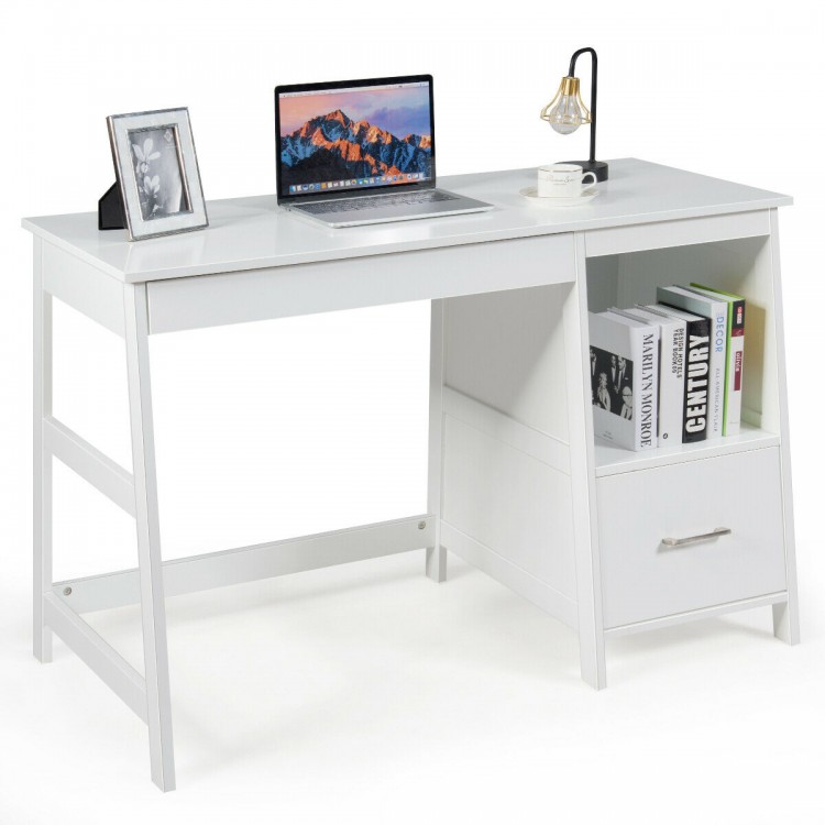 Modern white computer desk with two storage drawers and footrest, perfect for home or office use.