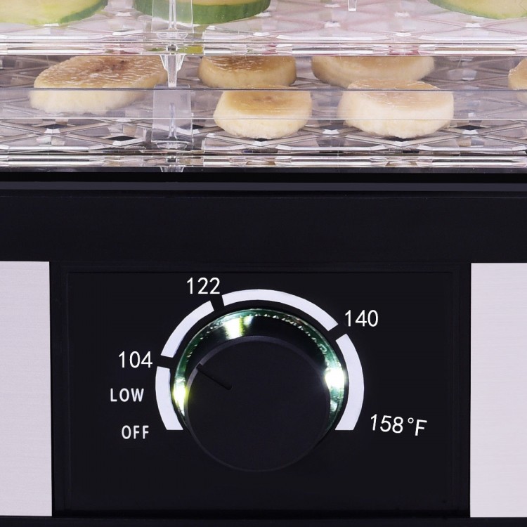 Close-up of the adjustable thermostat on a 5 tray food dehydrator, ranging from 104°F to 158°F for efficient drying.