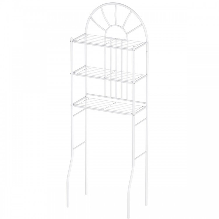 3-tier bathroom rack with an arched top in white, made of sturdy powder-coated iron for stylish over-the-toilet storage.
