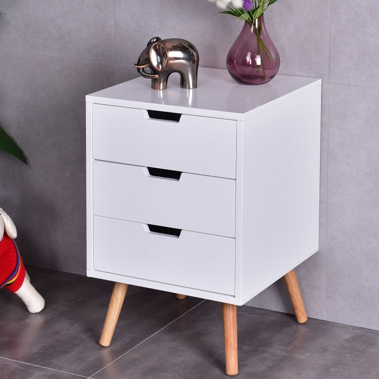 White wood side end table with three drawers and oak legs, perfect for living room or bedroom storage.