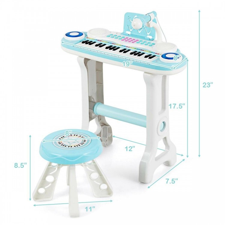Top view of the 37-key kids electronic piano keyboard playset in blue with microphone, featuring multiple sound.