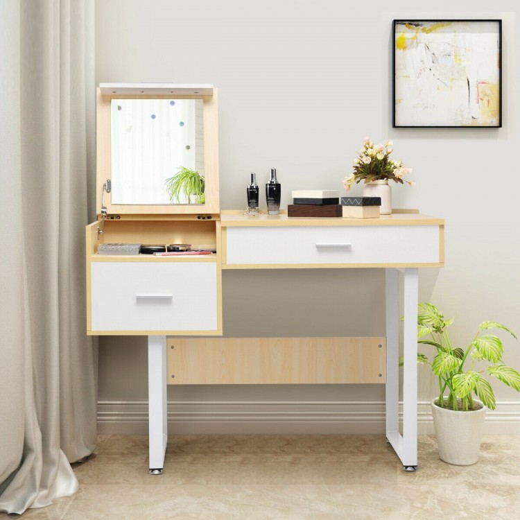 Makeup table writing desk with flip top mirror, featuring two drawers and sturdy steel legs, ideal for bedroom or study.
