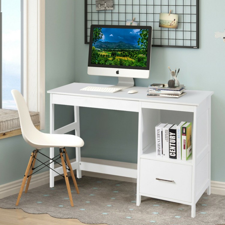 Modern white computer desk with two storage drawers, footrest, and spacious 47.5-inch desktop for home or office use.
