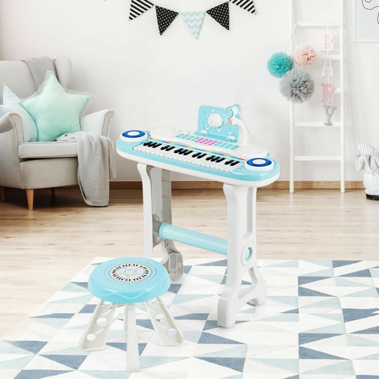 Kids electronic piano keyboard playset in blue with 37 keys, microphone, and stable stool for musical fun.
