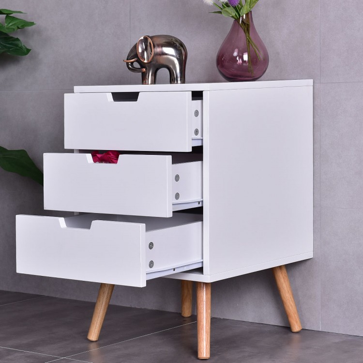 White wood side end table with three drawers, featuring a mid-century design, perfect for living room or bedroom.