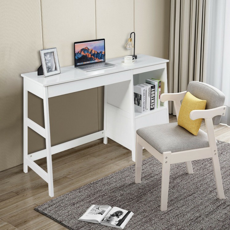 Contemporary white computer desk featuring a spacious 47.5-inch top, two drawers, and a footrest for added comfort.
