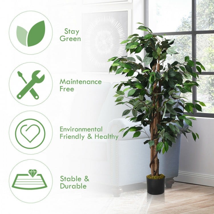 4-foot artificial ficus silk tree with 504 realistic leaves, stable cement base, perfect for home or office decor.