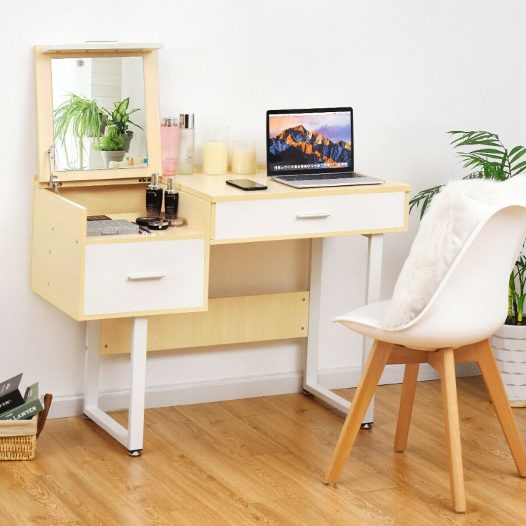 Makeup table writing desk with flip top mirror, two drawers, and sturdy steel legs, ideal for bedroom or study use.