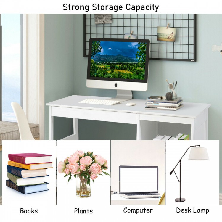 Modern white computer desk with two storage drawers, P2 MDF material, perfect for home or office use.