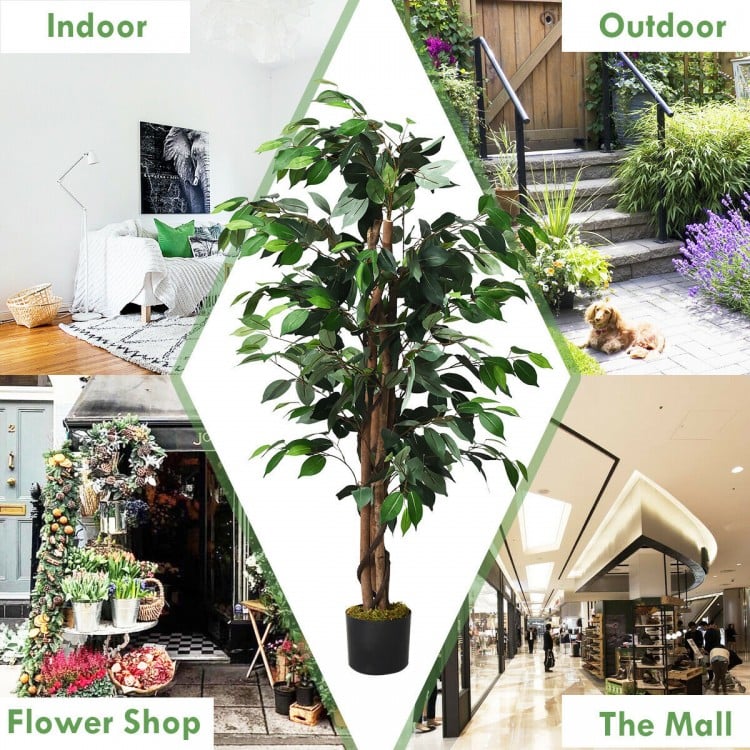 4-foot artificial ficus tree with 504 realistic leaves and a sturdy cement base, perfect for indoor or outdoor decor.