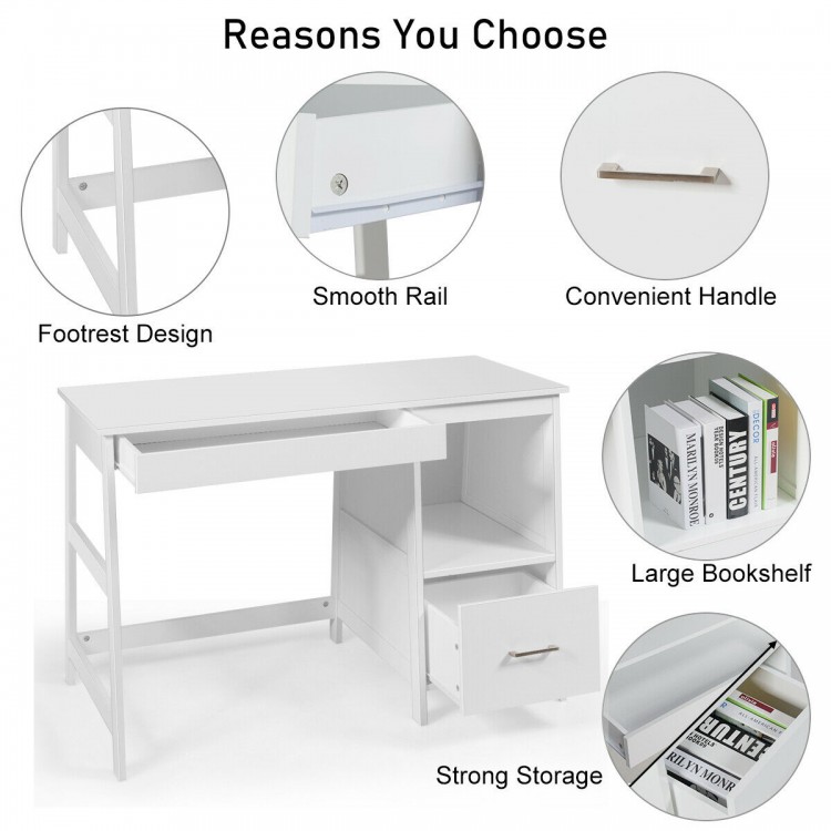 Modern white computer desk with two storage drawers and footrest, ideal for home or office use.