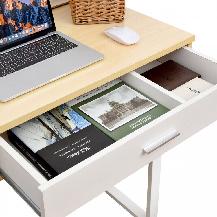 Makeup table writing desk with flip top mirror, featuring two drawers and compartments for organized storage.