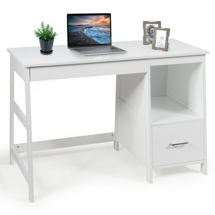 Modern white computer desk featuring a close-up of the smooth surface and spacious design, ideal for organized.