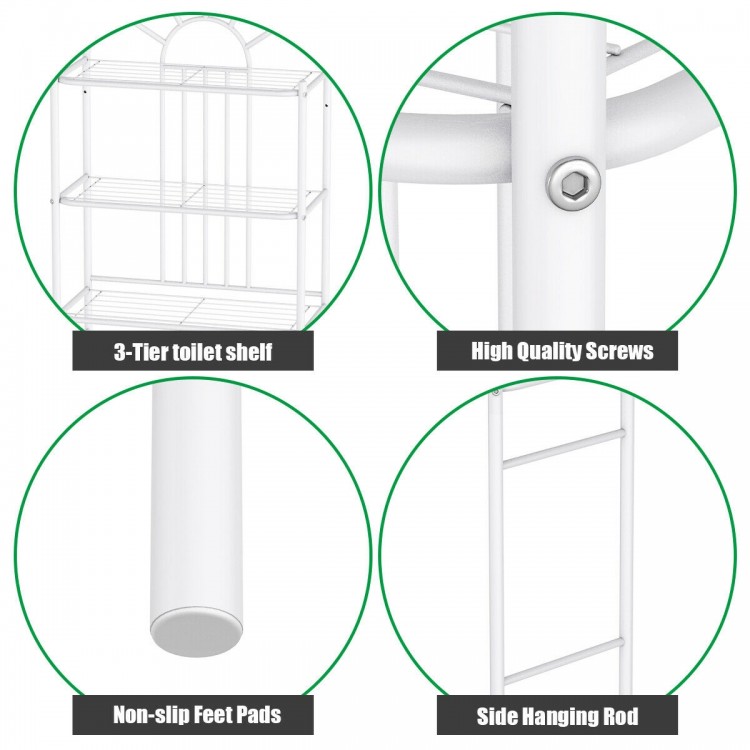 3-Tier bathroom rack featuring sturdy powder-coated iron, non-slip feet pads, and side hanging rod for efficient.