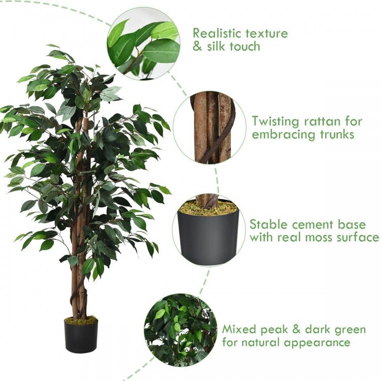 4-foot artificial ficus tree with 504 realistic leaves, hardwood trunk, and cement base, perfect for home or office.