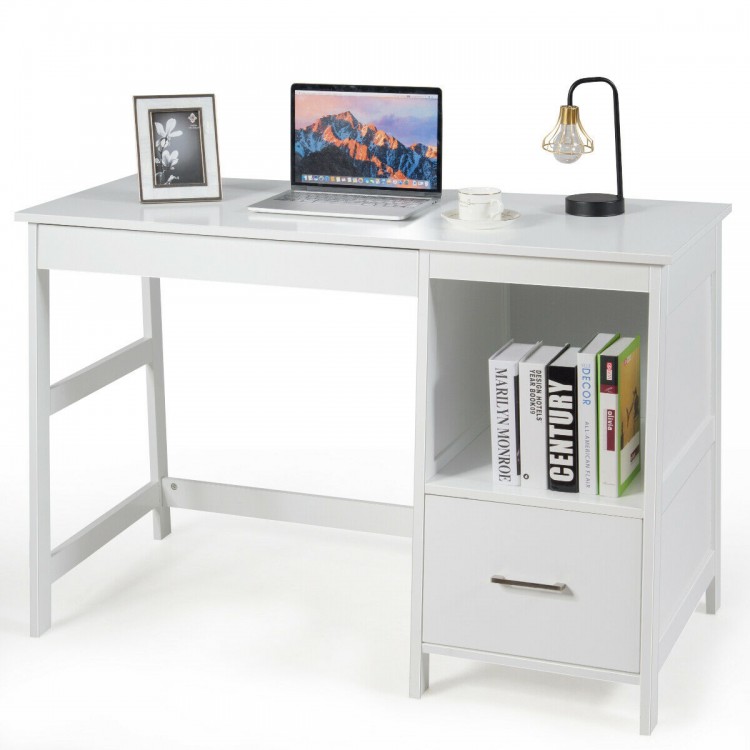 Modern white computer desk showcasing a side angle with a laptop and decorative items, perfect for a stylish workspace.