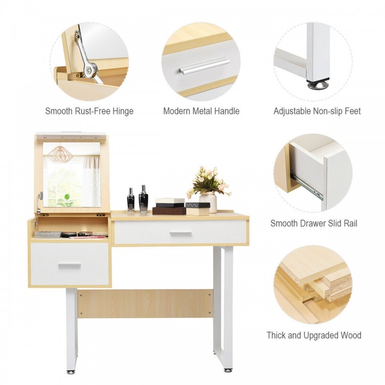 Makeup table writing desk with flip top mirror, featuring two drawers, adjustable non-slip feet, and sturdy steel legs.