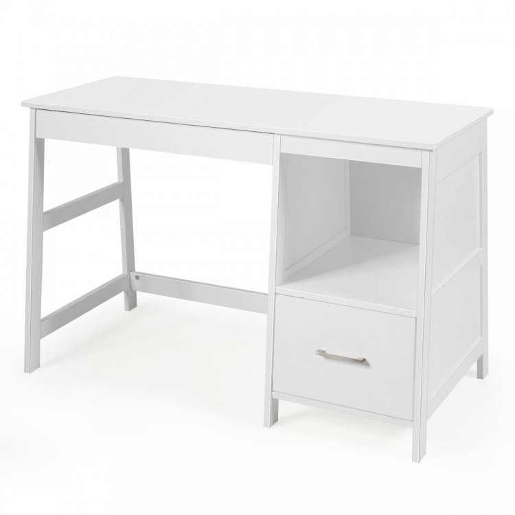 Modern white computer desk with a close-up of the storage drawer, offering ample space for home or office organization.