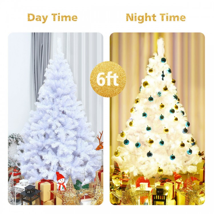 6ft hinged artificial Christmas tree with thick branches, PVC material, and metal stand, perfect for festive home.