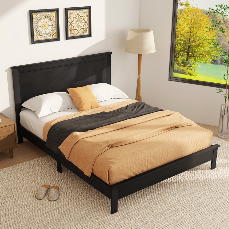 Queen size black bed frame with high headboard, solid rubber wood legs, and slatted design for mattress support.
