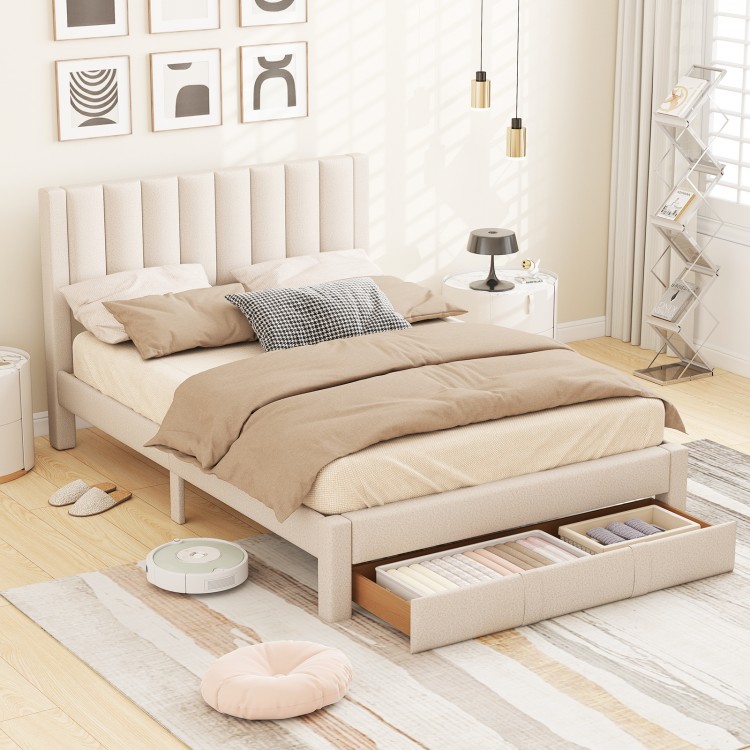 Queen size bed frame in beige with vertical channel headboard and storage drawer, perfect for organized bedroom spaces.