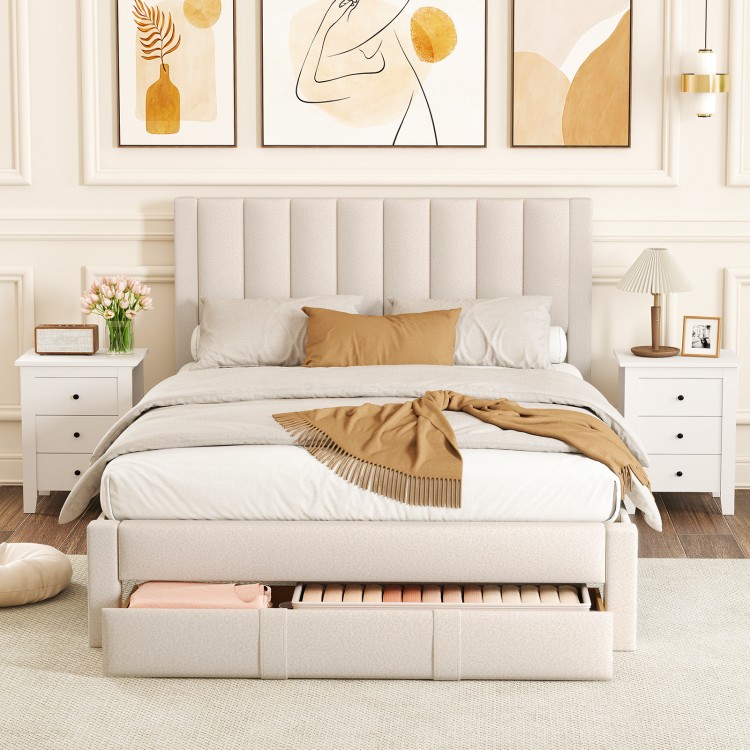 Beige queen size bed frame featuring a stylish vertical channel headboard and plush upholstery for elegant bedroom.