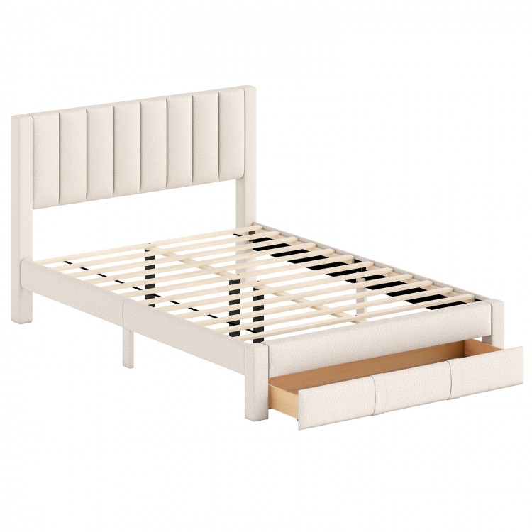 Queen size bed frame in beige with vertical channel headboard and storage drawer, perfect for organized bedroom space.