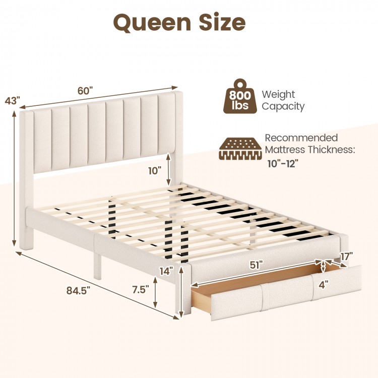Queen size bed frame in beige with vertical channel headboard and storage drawer, designed for comfort and organization.