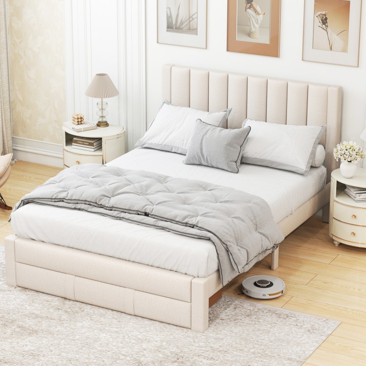 Beige queen size bed frame with vertical channel headboard, showcasing plush upholstery and smooth rolling storage.