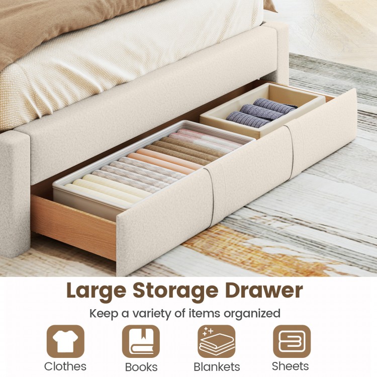 Large storage drawer of a beige queen size bed frame, perfect for organizing clothes, books, and blankets.