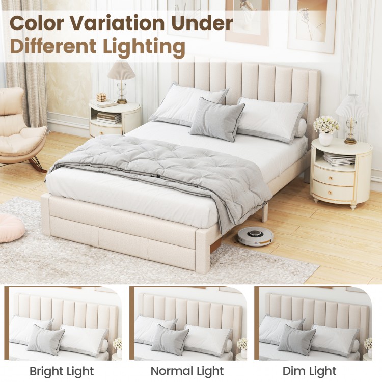 Queen size bed frame in beige with vertical channel headboard, showcasing color variation under different lighting.