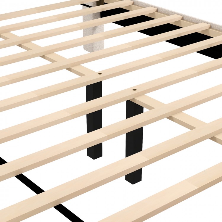 Queen size bed frame with wooden slats and middle support legs, featuring a beige vertical channel headboard for.