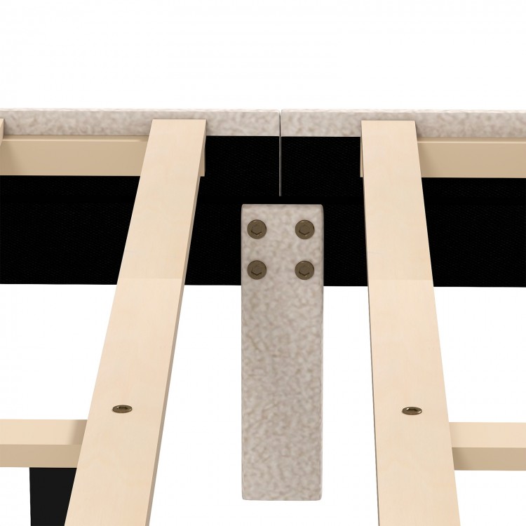Detail of the wooden slats and support structure for the Queen Size Bed Frame with storage drawer in beige.