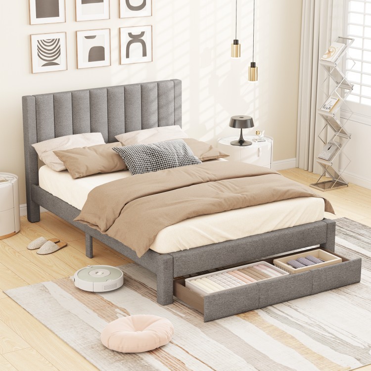 Queen size bed frame in gray with vertical channel headboard and storage drawer, perfect for organized bedroom space.