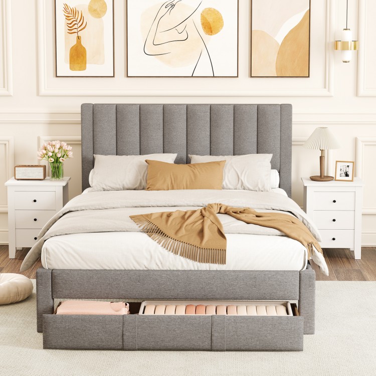 Gray upholstered queen size bed frame showcasing the vertical channel headboard and storage drawer, enhancing bedroom.
