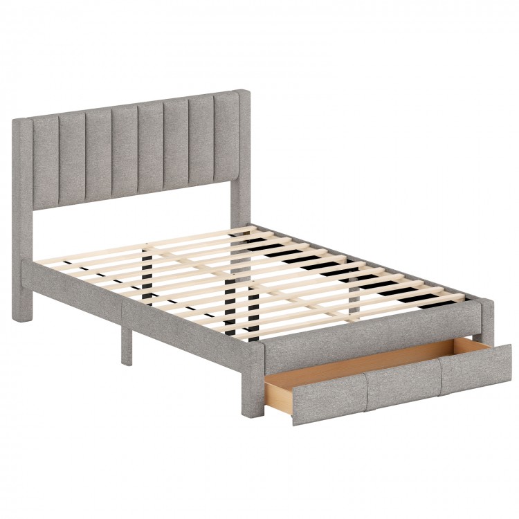 Queen size bed frame in gray with vertical channel headboard and storage drawer, perfect for organized bedroom spaces.